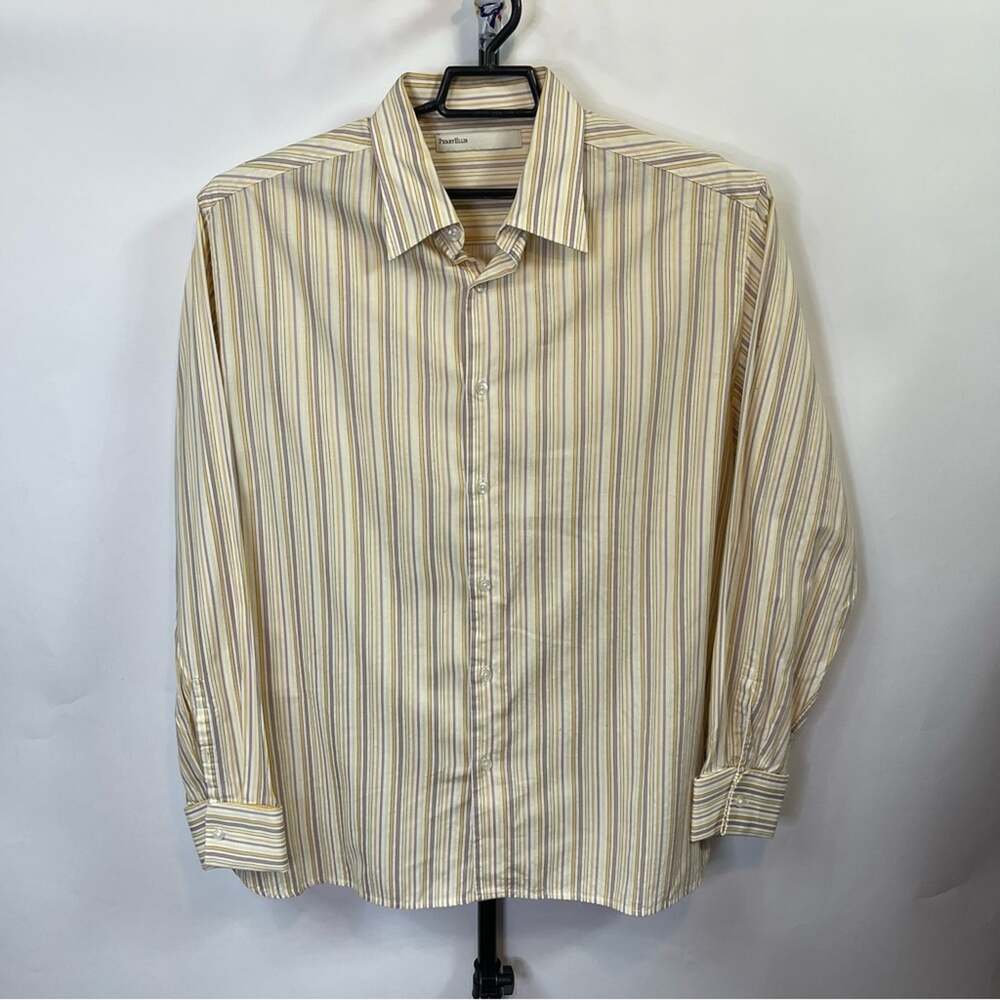 Perry Ellis Yellow Brown White Striped Dress Shirt Size XL Men’s